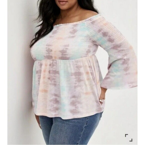 NWT Torrid 2 Pastel Tie Dye Smocked Off Shoulder Smocked Babydoll Top, 2X 18-20 - Picture 1 of 9